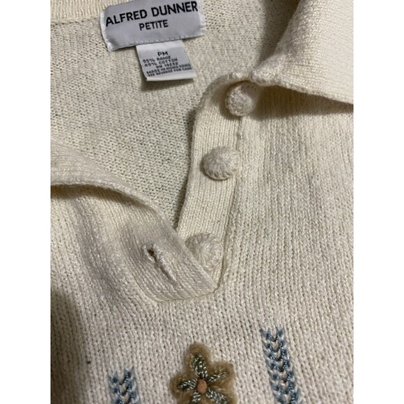 Alfred Dunner Petite PM Sweater Vintage Embroidered Floral Beaded White Cotton - Picture 7 of 13